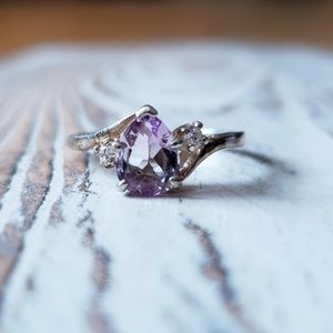 Amethyst Teardrop ring with cz accents SS sz 8